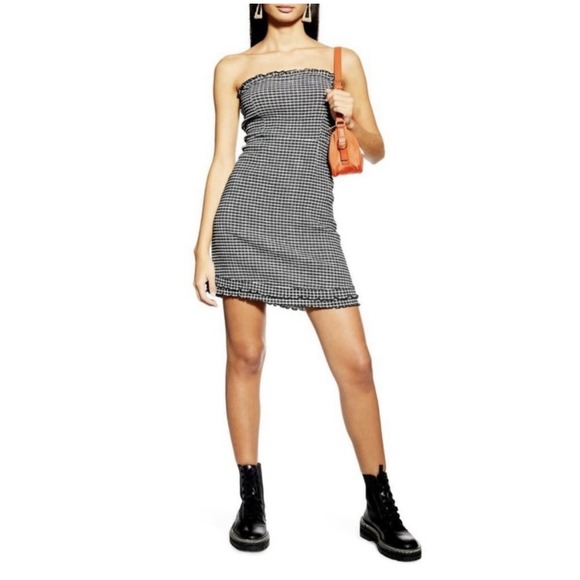 Topshop Dresses & Skirts - Topshop Sz 8 Black White Check Lettuce Hem Mini Dress Bodycon Y2K Whimsigoth